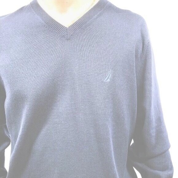 Nautica V-Neck Pullover Sweater Anchor Blue Heather Size Large Logo Stretch Knit - Picture 2 of 10